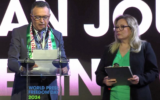 In the Chilean capital Santiago, Palestinian journalist Nasser Abu Baker receives the 2024 UNESCO/Guillermo Cano World Press Freedom Prize on behalf of all Palestinian journalists selected as this year's winners at the 31st World Press Freedom Conference. May 2, 2024 (AFP/UNESCO)